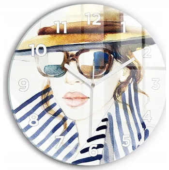 Obraz Moderní skleněné foto hodiny na zeď Obličej v brýlích a klobouku průměr 30 cm