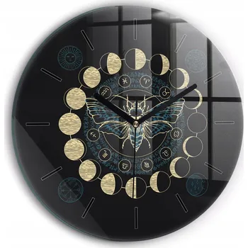 Hodiny Moderní skleněné nástěnné hodiny s potiskem Fáze měsíce a hmyz průměr 30 cm