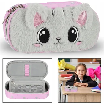 Penál KOMOROVÝ Školní penál, PLYŠOVÝ koťátko, pouzdro s oušky pro dívku