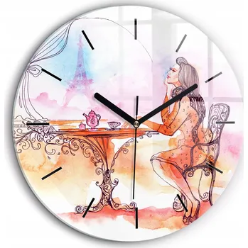 Hodiny Moderní skleněné foto hodiny na zeď Žena pijící čaj průměr 60 cm