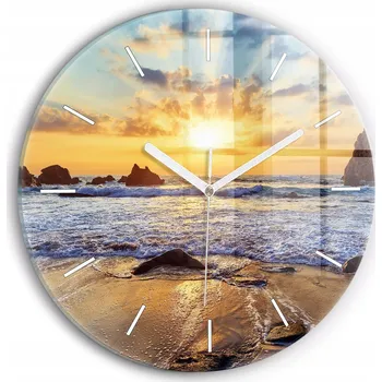 Hodiny Skleněné nástěnné hodiny do kanceláře S Potiskem Západ slunce na pláži průměr 30 cm