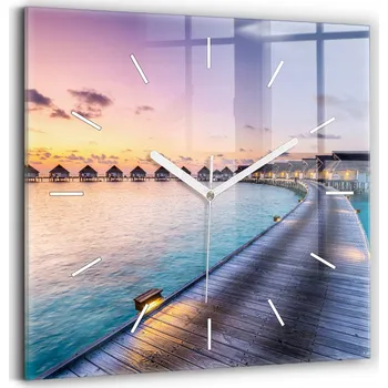 Hodiny Skleněné nástěnné hodiny se stylovým potiskem Západ slunce Maledivy 30x30 cm