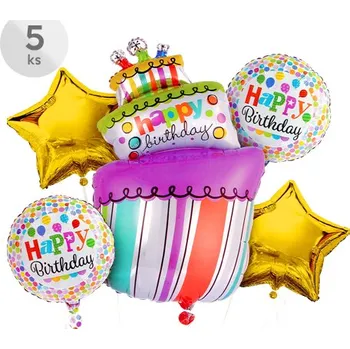 Balónek Balóny - Happy Birthday, sada 5 ks, 4 ks / 45 cm | 1 ks / 54x103 cm