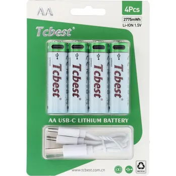 Článková baterie TCBEST dobíjecí baterie R6 (AA) 750 mAh s konektorem typu C + kabel USB A na 4 x typ C 4 ks