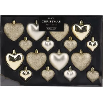 Vánoční dekorace Vánoční ozdoby 65/45 mm srdce - zlatá šampaň (sada 16 ks)