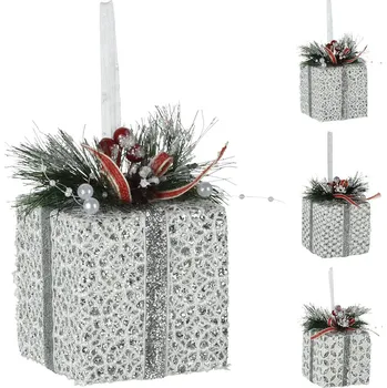 Vánoční dekorace Vánoční box 8x8x12 cm krajkový se stuhou, stříbrné třpytky, mix /1ks