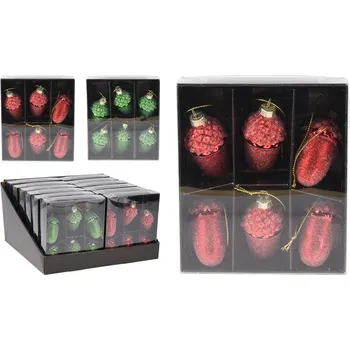 Vánoční dekorace Vánoční ozdoby - žaludy 65 mm, červené, zelené (sada 6 ks)