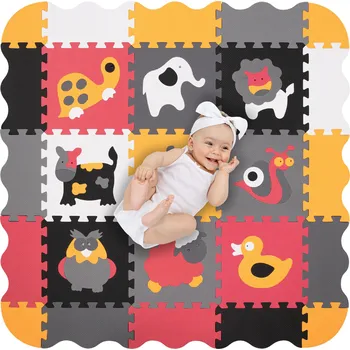 Panenka Humbi Mata edukacyjna 120 x 120 cm Kojec Grube Puzzle piankowe 30 x 30 cm Zwierzęta Zwierzątka Kolor biały szary czarny różowy pomarańczowy kolorowy