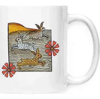 Hrnek malý bílý s potiskem Tři zajíci na kafíčko