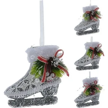 Vánoční dekorace Vánoční brusle 10 cm krajková se stuhou, stříbrné třpytky, mix/1ks