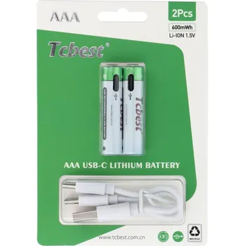 Článková baterie TCBEST dobíjecí baterie R3 (AAA) 180 mAh s konektorem typu C + kabel USB A na 2 x typ C 2 ks