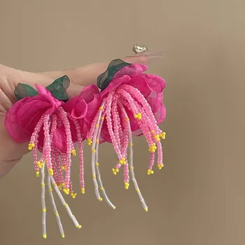 Náušnice Boho květinové náušnice velké | Dámské náušnice, Ručně vyráběné - Růžový