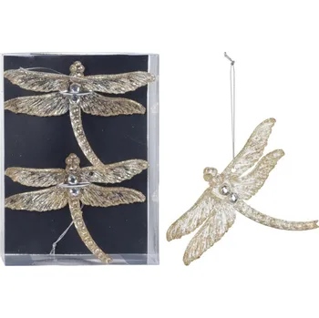 Vánoční dekorace Třpytivá vážka zlatá - závěsná dekorace (balení 2 ks)