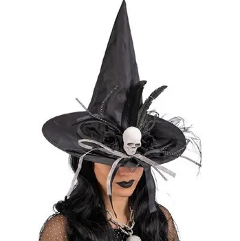 Karnevalový doplněk Carnival Toys Černý čarodějnický klobouk s lebkou a ozdobami