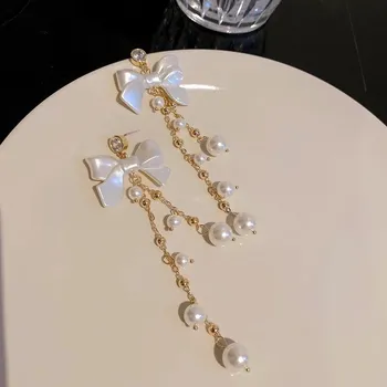 Náušnice Dlouhé visací náušnice s motivem mašle | elegantní náušnice, svatební náušnice - HE6339-1