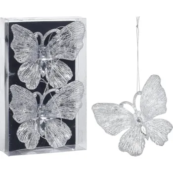 Vánoční dekorace Třpytivý motýl stříbrný - závěsná dekorace (balení 2 ks)