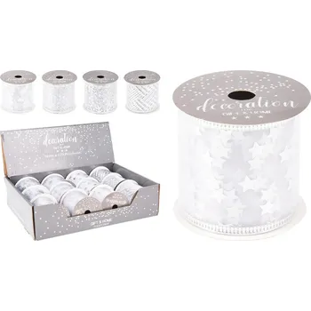 Stuha Dekorační stuha, organza 63x2700 mm - bílá / stříbrná (4 motivy)