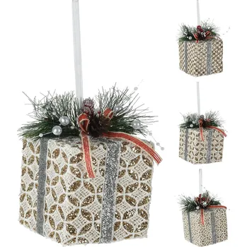 Vánoční dekorace Vánoční box 8x8x12 cm krajkový se stuhou, zlaté třpytky, mix /1ks