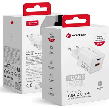 FORCELL F-ENERGY Mini GaN III VT-25B cestovní nabíječka s 1 x zásuvkou typu C + 1x USB A, PD QC4.0 25W bílá
