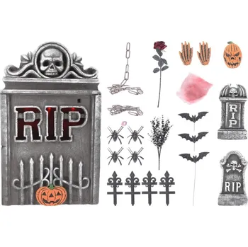 Party dekorace Náhrobní kámen 33x55 cm + halloweenská dekorace s LED světlem (sada)