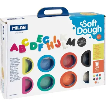 Modelovací hmota Plastelína MILAN Soft Dough sada 8 fareb + nástroje "Lots of letters"