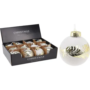 Vánoční ozdoba Vánoční skleněná koule 80 mm, bílá-zlatý dekor pírko (cena za 1 ks)