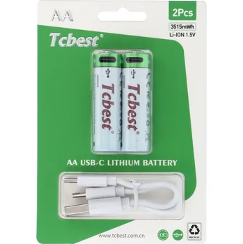 Článková baterie TCBEST dobíjecí baterie R6 (AA) 950 mAh s konektorem typu C + kabel USB A na 2 x typ C 2 ks