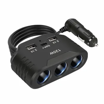 4 CAR Roztrojka s kabelem + USB-C - 3,1A 120W