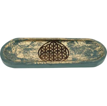 Vonná tyčinka Berk Esoterik Berk Stojánek na vonné tyčinky Flower of Life (Květ života) Tyrkysové a zlatavé zdobení Dřevo mango, 27 x 10 cm