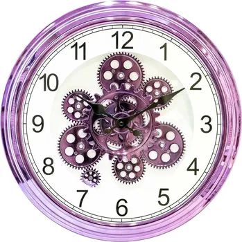Hodiny Steampunk hodiny s pohyblivými ozubenými koly | velké nástěnné hodiny, industriální hodiny - Průhledná fialová , 38,2 cm