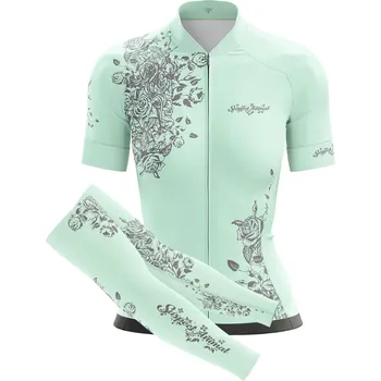 cyklistický dres Dámský cyklistický dres Cykloanimal Flowers Mint + návleky na ruce - XXL