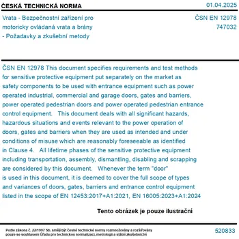 Garážová vrata ČSN EN 12978 - Vrata - Bezpečnostní zařízení pro motoricky ovládaná vrata a brány - Požadavky a zkušební metody - Tisk