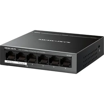 Počítačové příslušenství Mercusys MS106LP Switch, stolní, 6portový, 10/100Mbps, 4× PoE+, 802.3af/at, PoE budget 40W, černý MS106LP