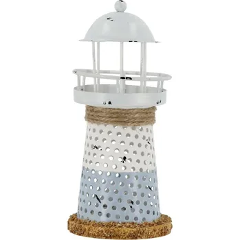Bílo-modrá kovová dekorace maják s Led Lighthouse - Ø 6,5*15 cm