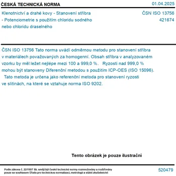 ČSN ISO 13756 - Klenotnictví a drahé kovy - Stanovení stříbra - Potenciometrie s použitím chloridu sodného nebo chloridu draselného - Tisk