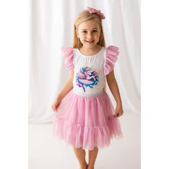 Dívčí tričko Dívčí tričko s jednorožcem a růžovými volánkovými rukávy- Lily Grey 104 / 4 roky