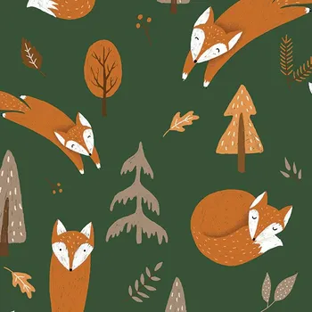 PUL metráž podzimní lišky na tmavě zelené zvětšený vzor