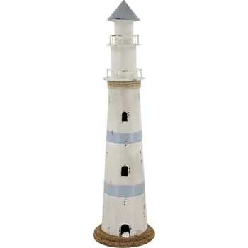 Bílo-modrá kovová dekorace maják s Led Lighthouse - Ø 17*61 cm