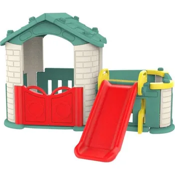 Dětský domeček Ramiz Velký dětský zahradní domek 5 v 1 + skluzavka + basketbalový koš + zahrada + stůl + 2 židle Zelená střecha