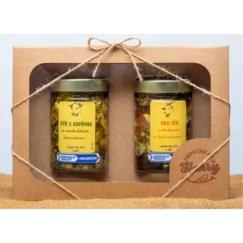 Dárkový potravinový koš DÁRKOVÉ BALENÍ 2x NAKLÁDANÝ SÝR KOZA + KOPŘIVA/ČESNEK