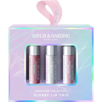 Kosmetická sada Baylis & Harding Jojoba, Vanilla & Almond oil - sada lesků na rty, 3 ks dárkové balení šťavnatých lesků na rty s vůní jojoby, vanilky a mandlového oleje, 3x2,5 ml
