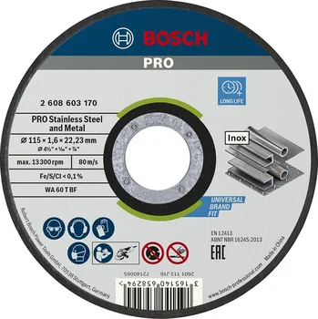 Řezný kotouč BOSCH Řezací kotouč PRO Stainless Steel and Metal, 115 × 1,6 × 22,23mm, rovný 2608603170 free_store_pickup