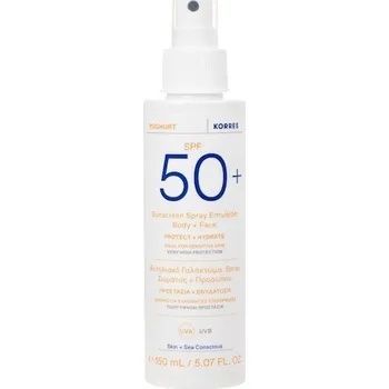 Přípravek na opalování Korres Pece Slunecni-peceJogurtová sluneční emulze ve spreji na obličej a tělo SPF50+ 150 ml (3 373,00 Kč / 1 l)