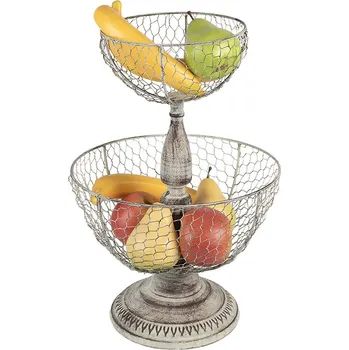 Stolování Béžový antik kovový drátěný stojan - etažér na ovoce - Ø 30*44 cm