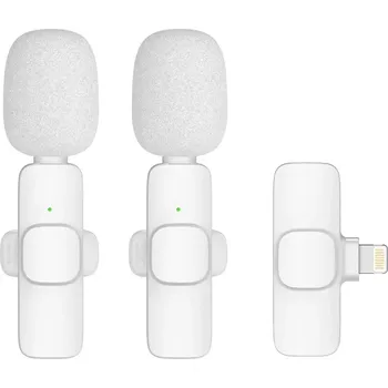 Mikrofon Bezdrátový mikrofon K1 Lightning – 2 klopové, bílý (Klopový mikrofon K1 – duální bezdrátový mikrofon pro iPhone s Lightning, až 50 m dosah a 6 h výdrž)