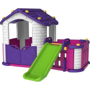 Dětský domeček Ramiz Dětský zahradní domek 3 v 1 Fialový + skluzavka + zahrada s plotem