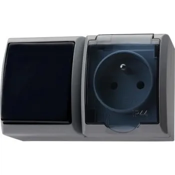 vypínač OSPEL FALA kombinace zásuvka šedá s kouřovým víčkem + vypínač šedý IP44