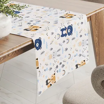 ubrus Dětský bavlněný běhoun na stůl Sandra SA-595 Modro-béžová lesní zvířátka na bílém 20x120 cm