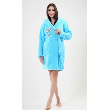 Dámské noční prádlo Dámský župan krátký s kapucí Sova - tyrkysová - M