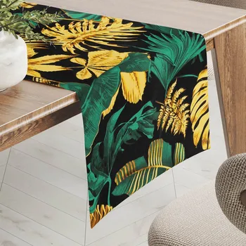 ubrus Bavlněný běhoun na stůl Sandra SA-603 Zeleno-zlaté tropické listy na černém 20x120 cm